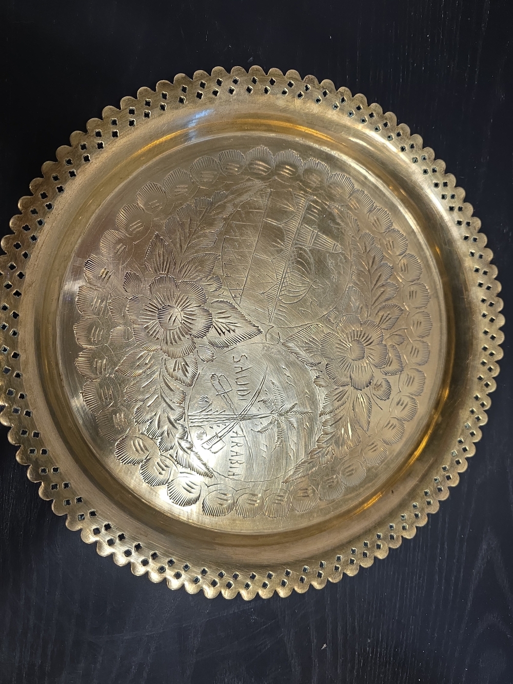 Ornate Gold Brass Serving Tray with Floral Etching
